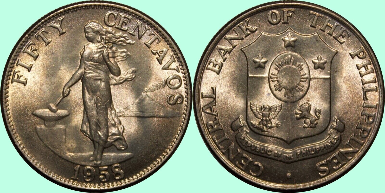 (1) 1958 Philippines 50 Centavos ~ Brilliant Uncirculated ~ Philadelphia Mint C6